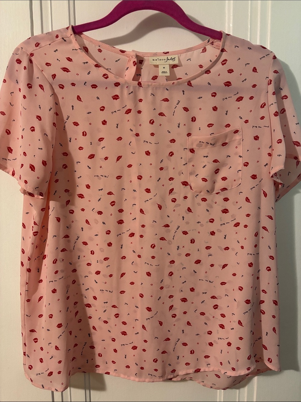 Maison Jules Pink Lip-Print Short Sleeve Blouse
